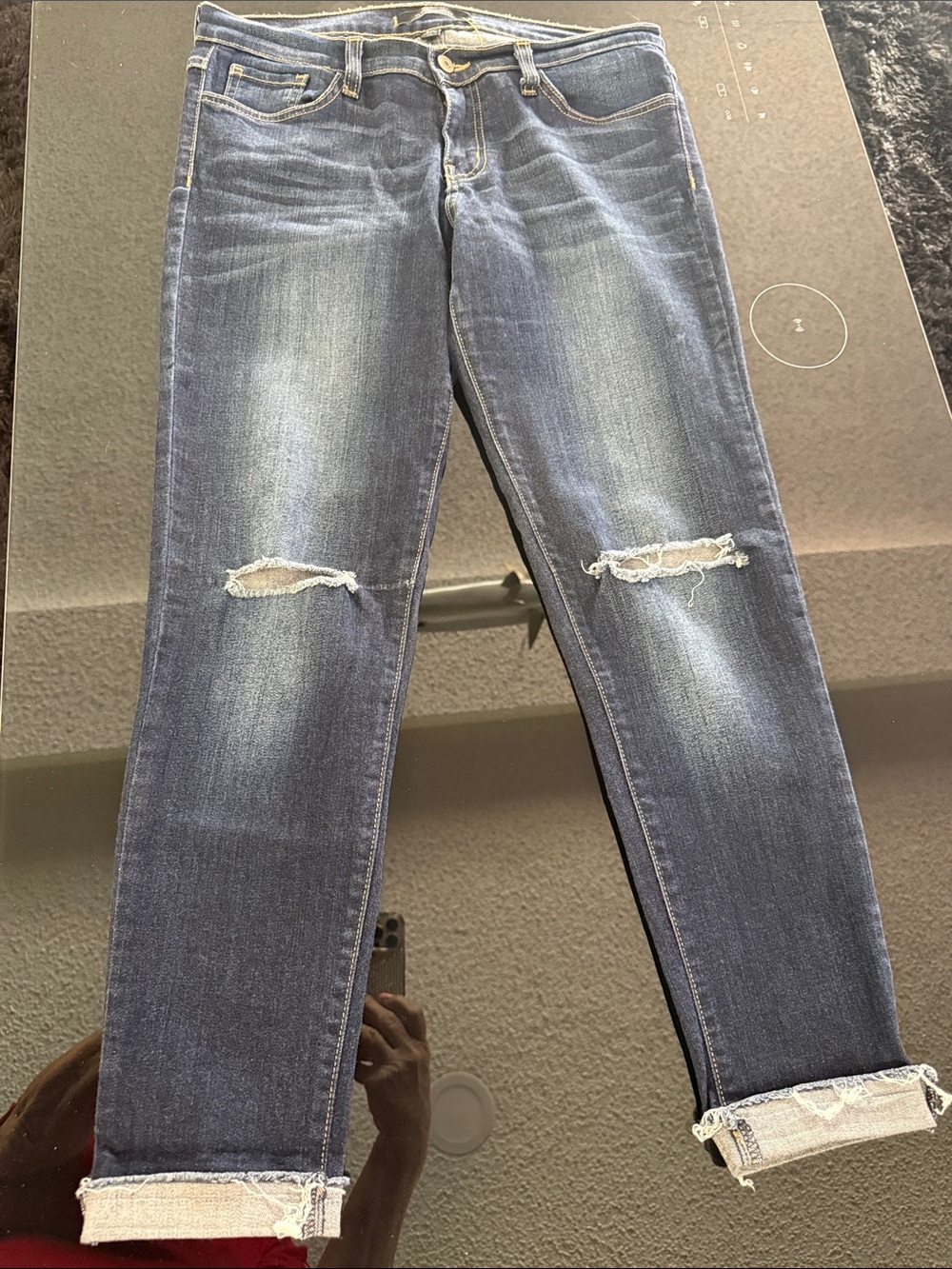 Flying Monkey Dark Blue Distressed Raw Cuffed Ankle Jeans Size 29 Stretchy